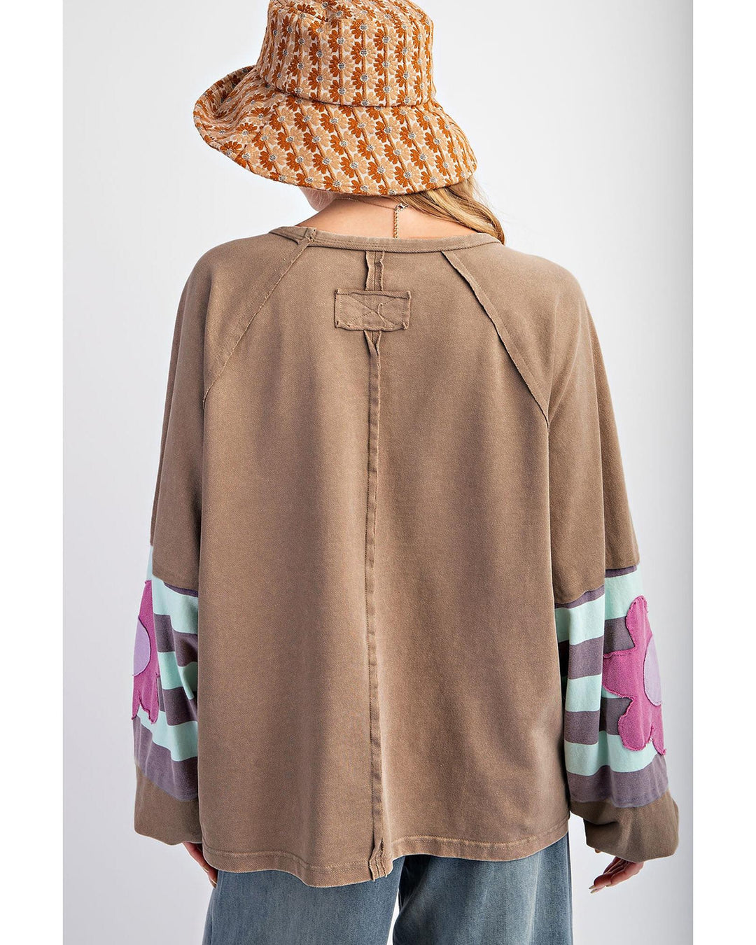 Light French Beige Flower Striped Patchwork Puff Sleeve Loose Sweatshirt - 1X