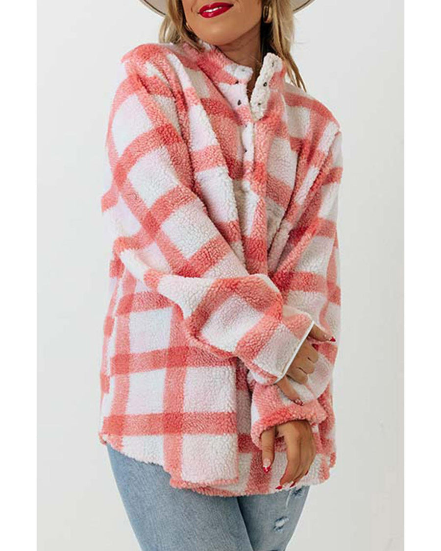 Pink Plus Size Tunic Plaid Sherpa Henley Sweatshirt - 1X