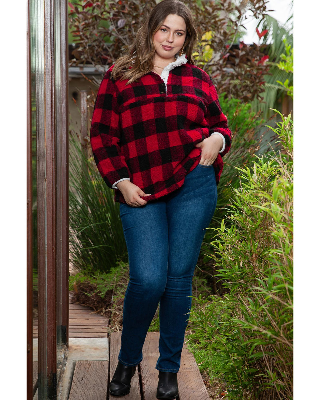 Red Plus Size Buffalo Plaid Sherpa Henley Sweatshirt - 3X