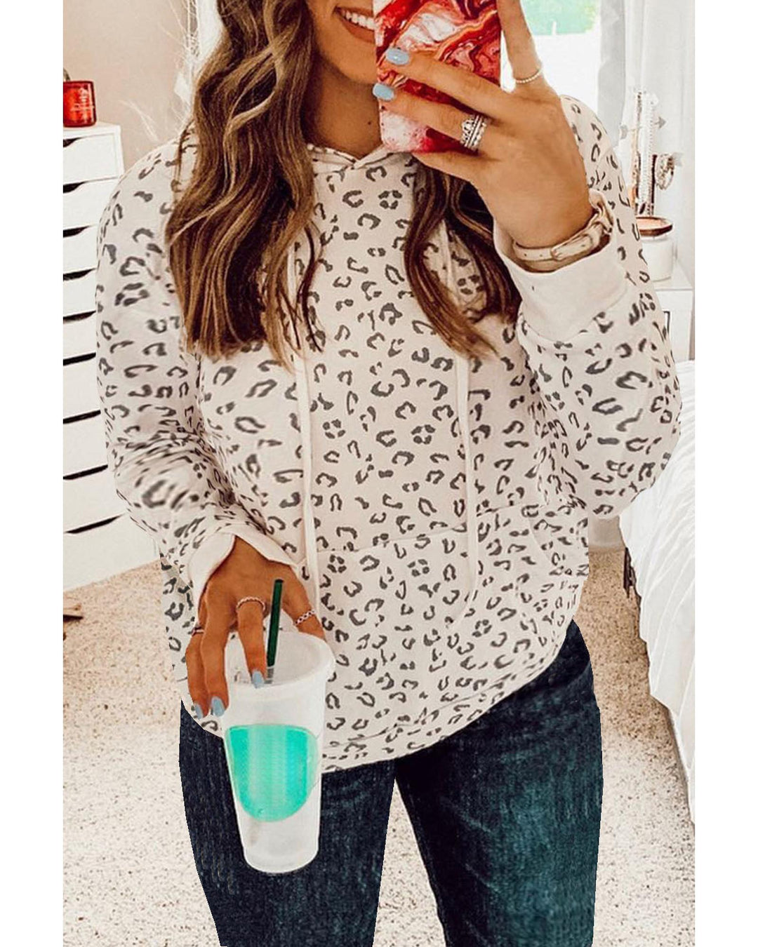 Printed Subtle Slit Plus Size Leopard Hoodie - 4X
