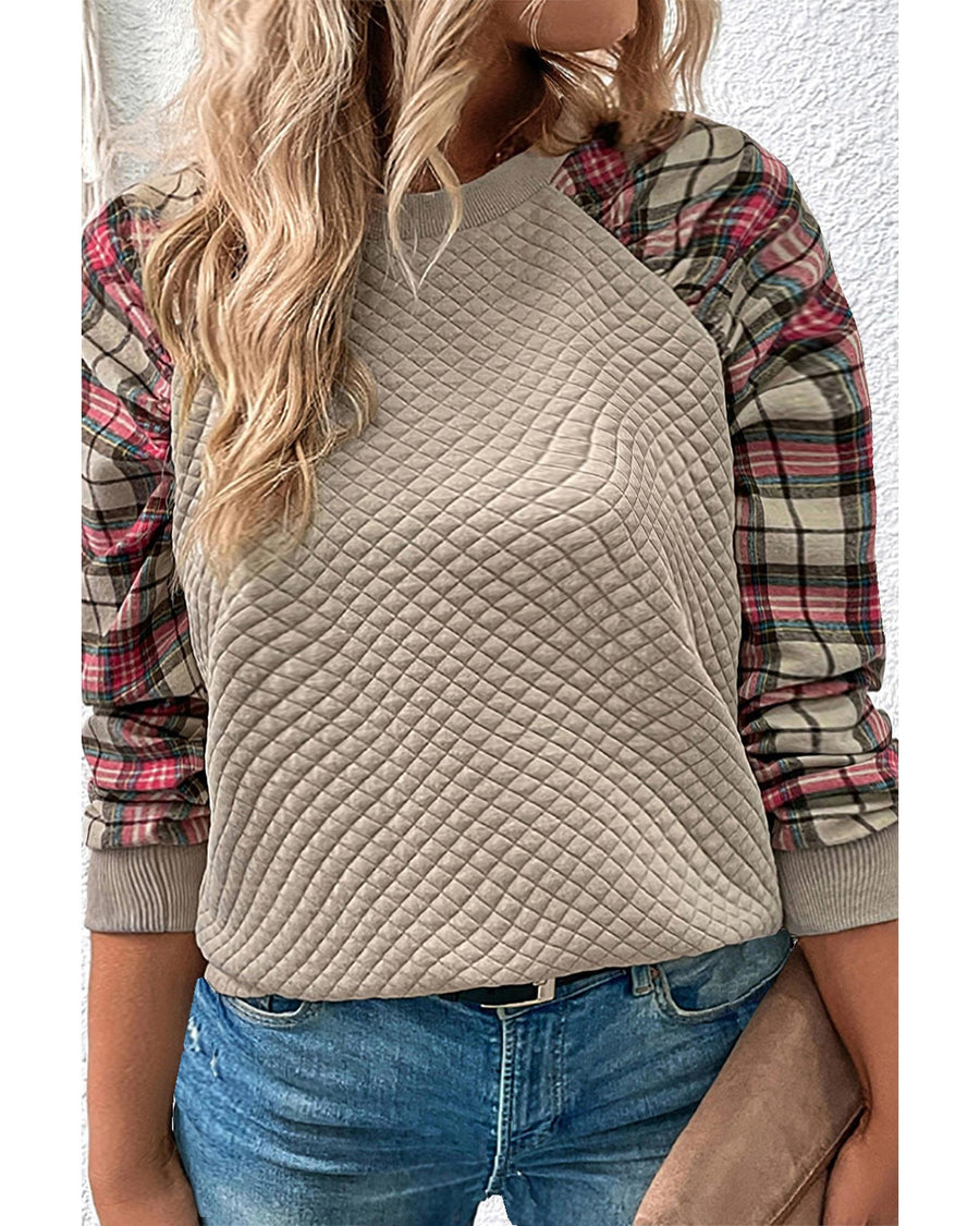 Apricot Plus Size Plaid Raglan Sleeve Crew Neck Sweatshirt - 1X