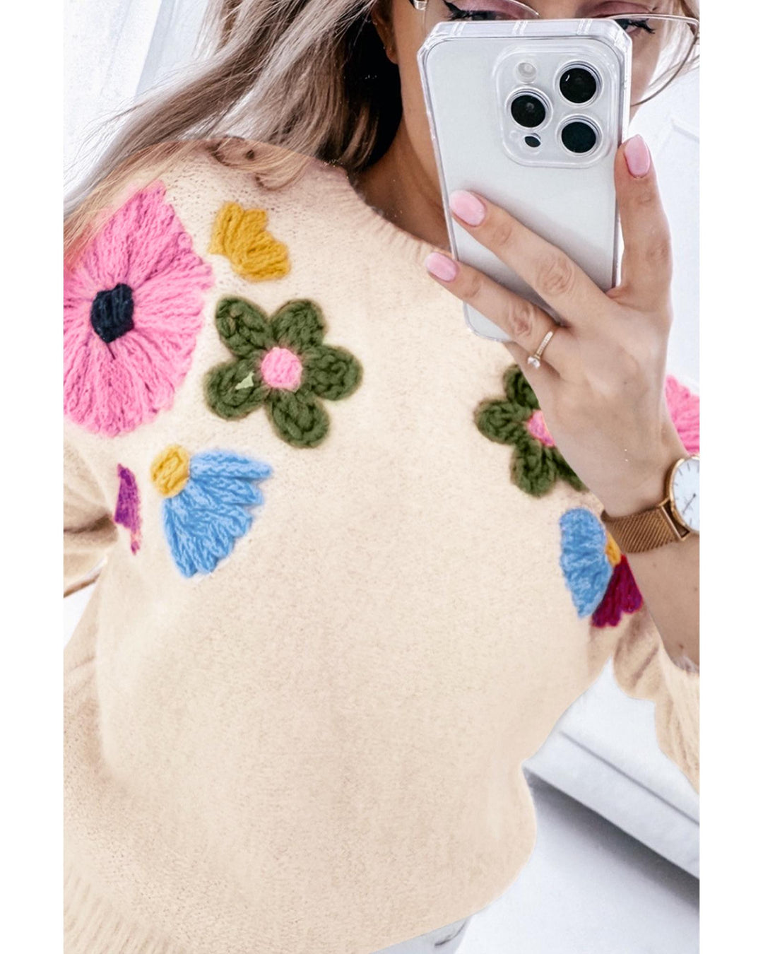 Beige Plus Size Crochet Flower Pullover Sweater - 3X