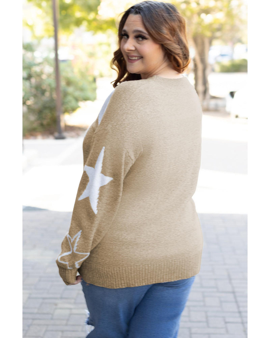 Khaki Star Pattern Drop Shoulder Plus Size Sweater - 4X