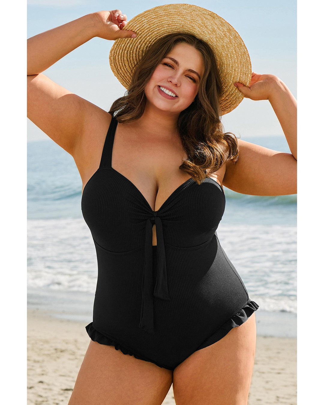 Black Plus Size Textured Knotted Ruffled Trim One Piece Swimwear - 4X