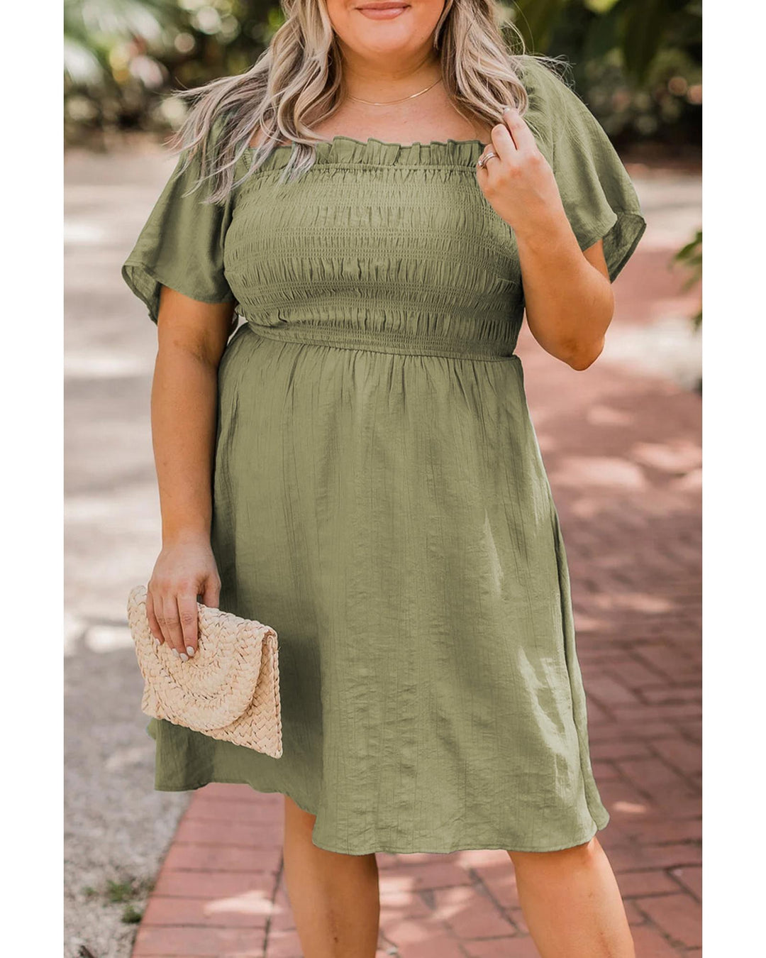 Grass Green Frilly Square Neck Flutter Sleeve Smocked High Waist Plus Size Dress - 1X