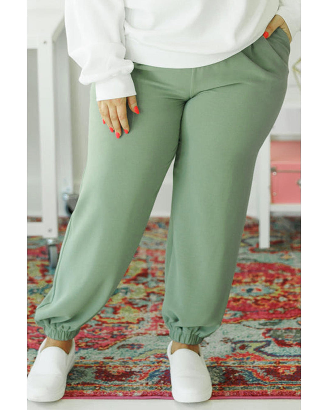 Green Plus Size Drawstring Shirred Waist Casual Jogger Pants - 1X