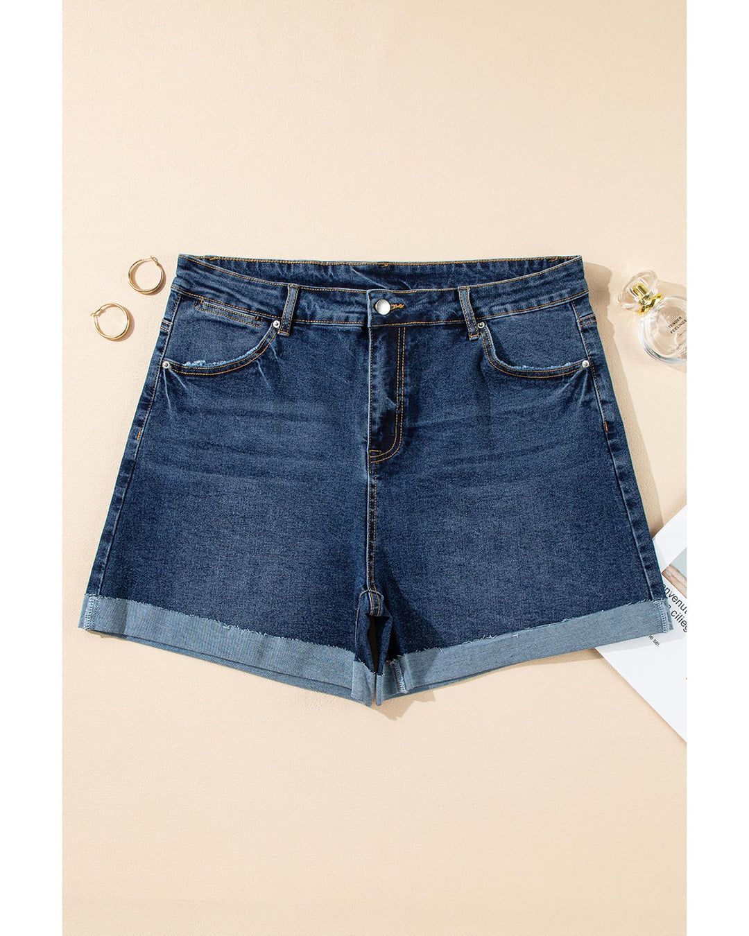 Sail Blue Folded Edge High Waist Plus Size Denim Shorts - 1X