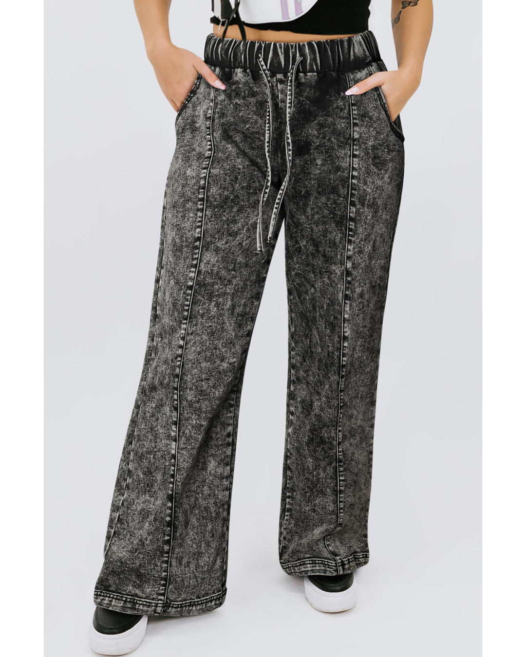 Black Plus Size Tie Dye Drawstring Splicing Wide Leg Jeans - 1X