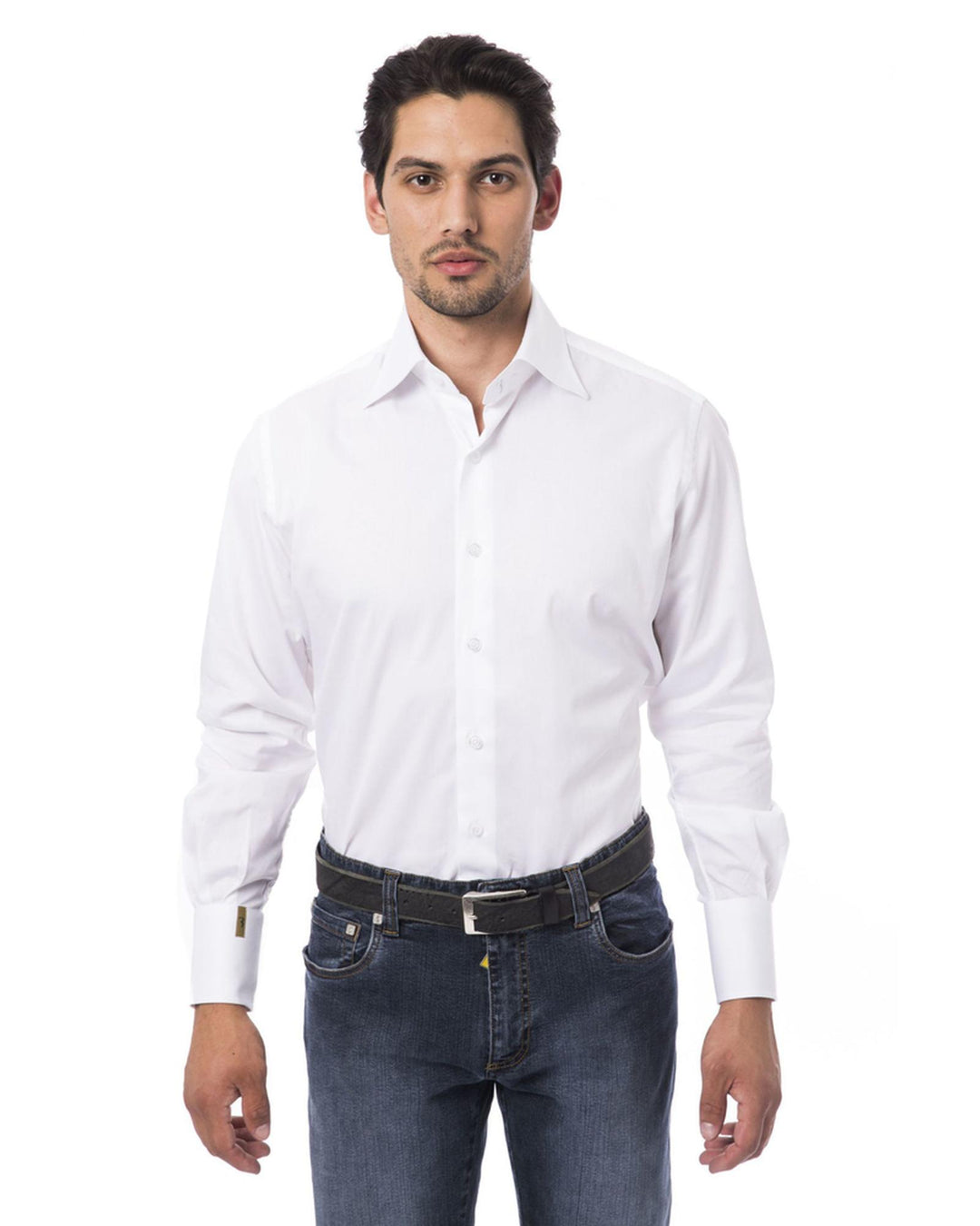 Embroidered Monogram "B" Shirt with Small Leaf Collar 45 IT Men