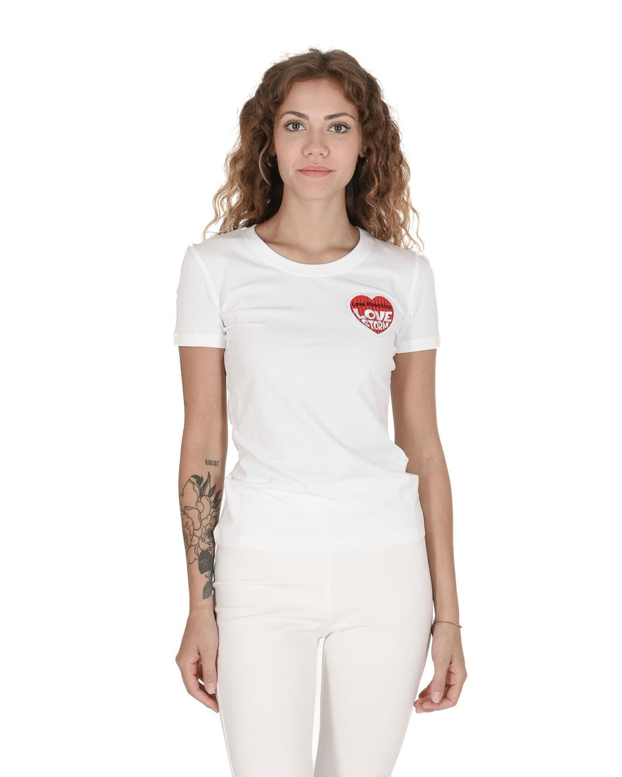 Love Moschino Women's White Cotton T-Shirt with Heart Logo - 46 IT