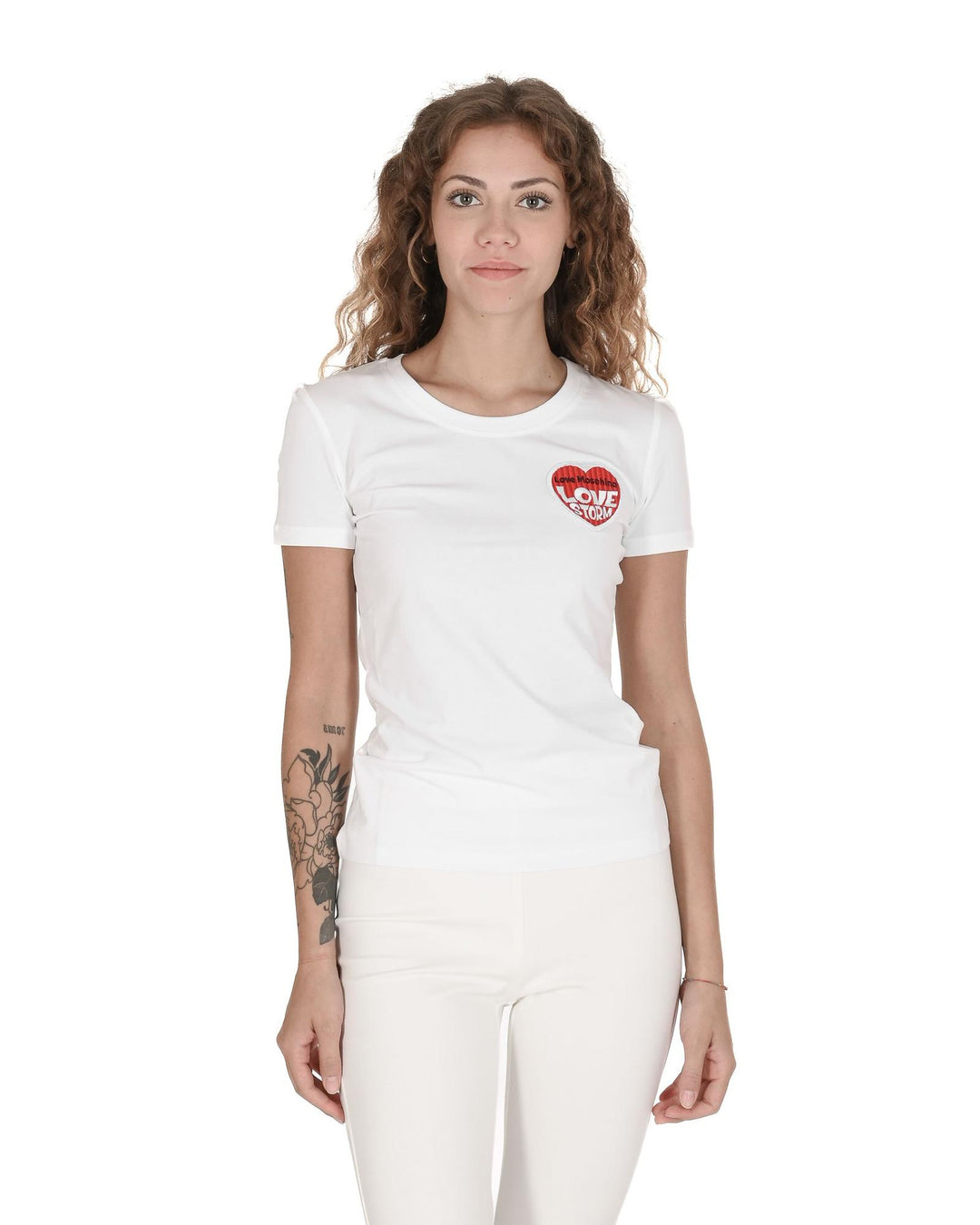 Love Moschino Women's White Cotton T-Shirt with Heart Logo - 48 IT