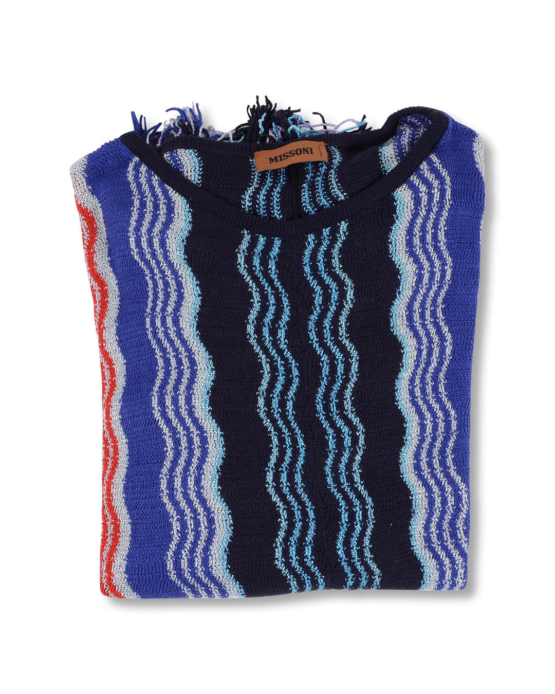 Missoni Women's Blue Striped Crew Neck Sweater with Frayed Edges - One Size