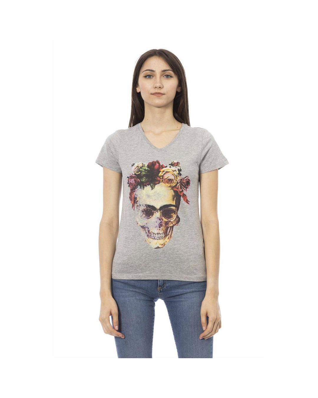 Trussardi Action Women's Elegant Gray V-Neck Tee with Front Print - M