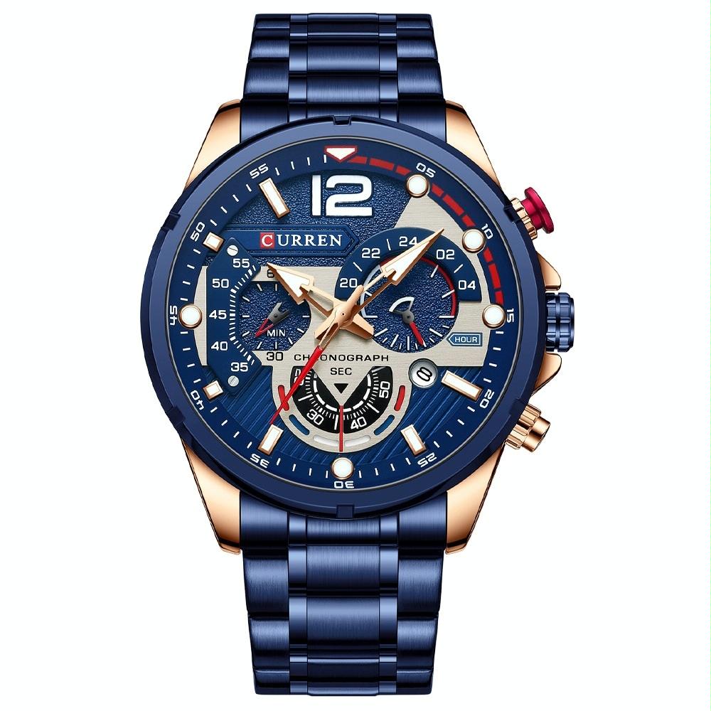 Men Quartz Watch with Six-hand Steel Strap and Calendar - Rose Shell Blue