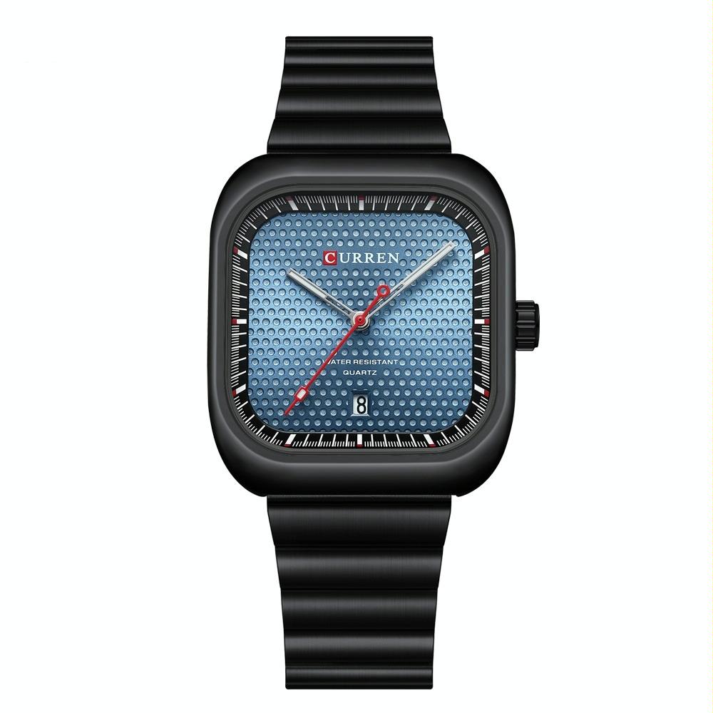 Men Square Steel Strap Quartz Watch - Casual Style - Black Shell Blue