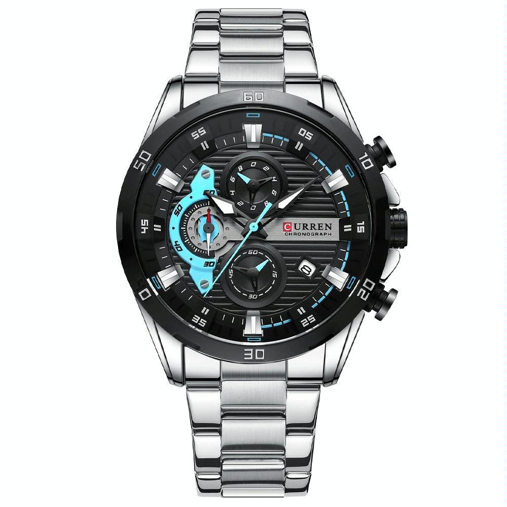 Six-hand Business Quartz Watch with Steel Strap - Calendar - White Shell Black
