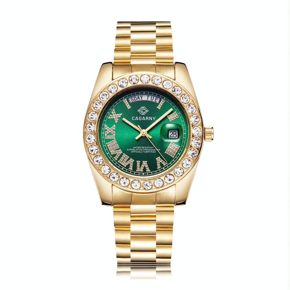 Men Quartz Watch with Diamond-encrusted Roman Numeral Dial - Gold Shell Green Dial