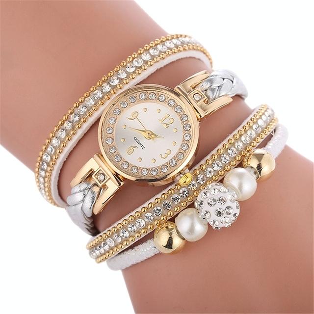 Women Beige Woven Pearl Bracelet Watch - Round Analog Quartz - White