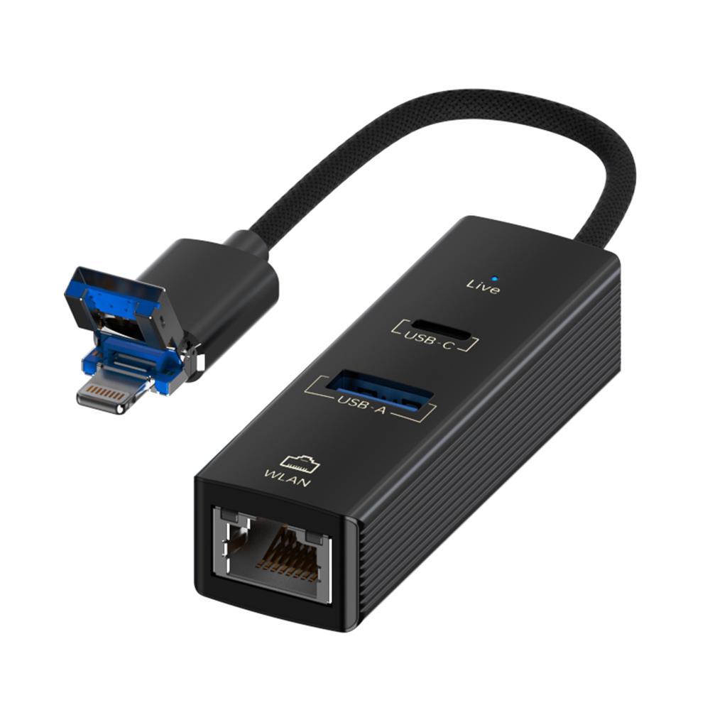 8 Pin To Type-C Rj45 Usb-A Hub Converter - Black