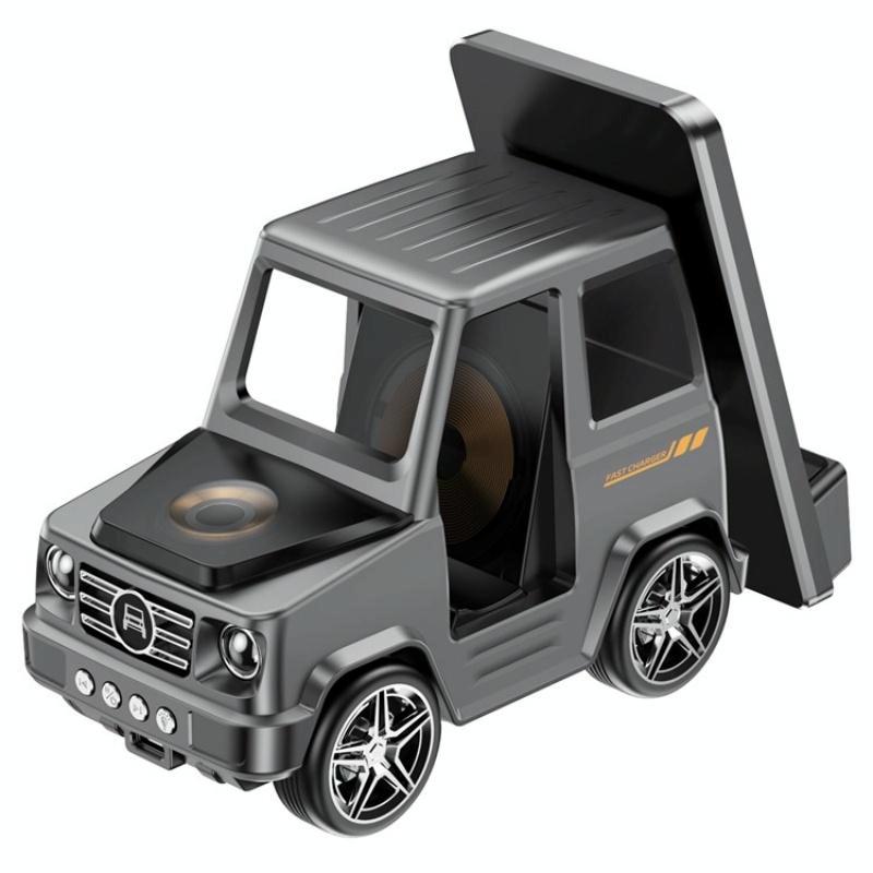 6 In 1 Car Shape Speaker With Clock & Wireless Charger - Grey