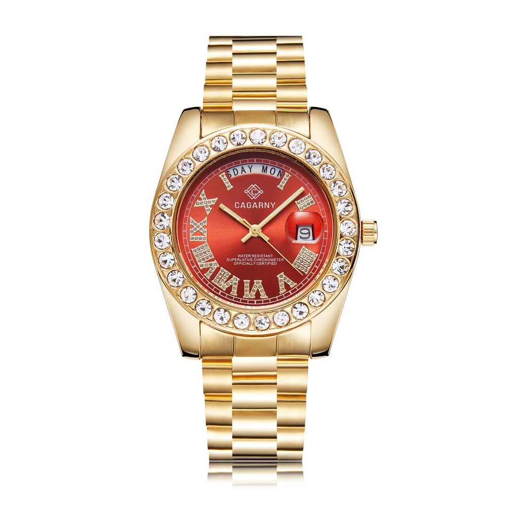 Men Quartz Watch with Diamond-encrusted Roman Numeral Dial - Gold Shell Red Dial