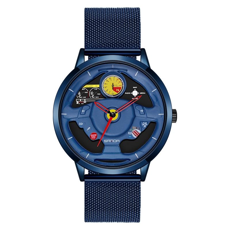 Waterproof Quartz Watch with Hollow Dial - 1085 Steering Wheel Design - Blue