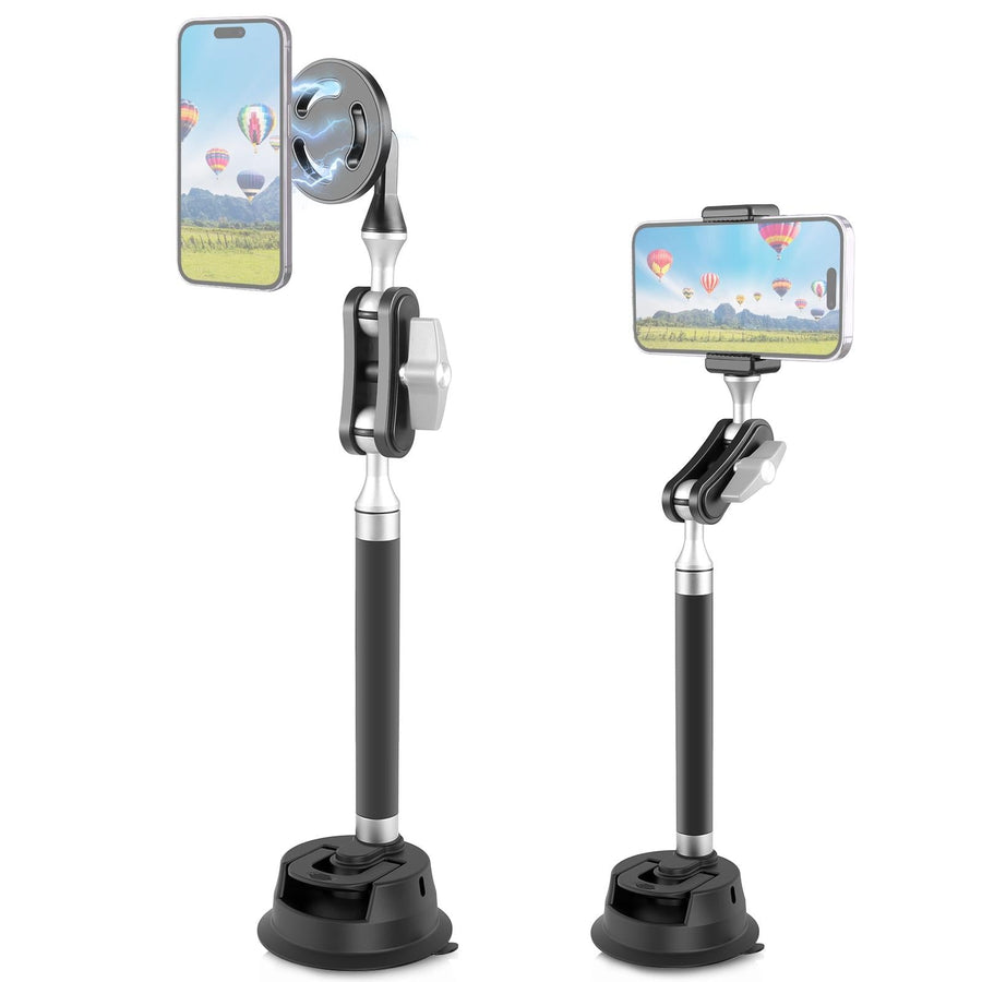 Magnetic Car Mount with Suction Cup Arm and Phone Clamp