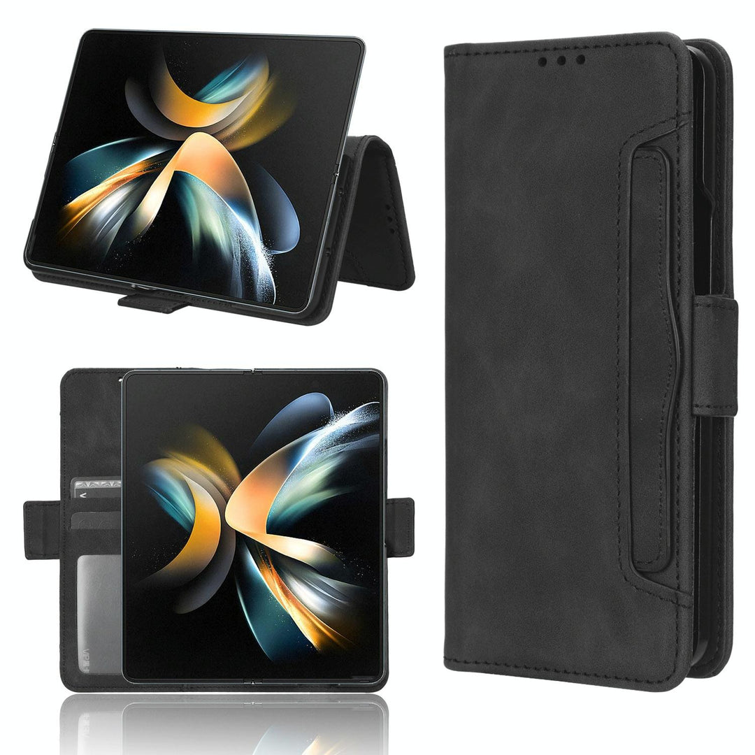 Samsung Galaxy z Fold 4 5g Leather Phone Case with Card Slots and Calf Texture - Black