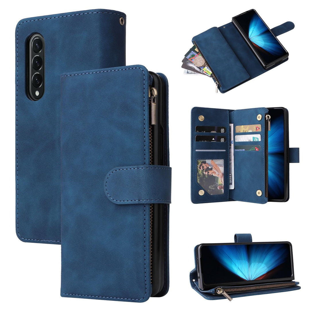 For Samsung Galaxy Z Fold4 5G Frosted Leather Zip Wallet - Compact And Stylish - Blue