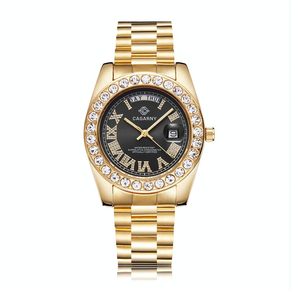 Men Quartz Watch with Diamond-encrusted Roman Numeral Dial - Gold Shell Black Dial