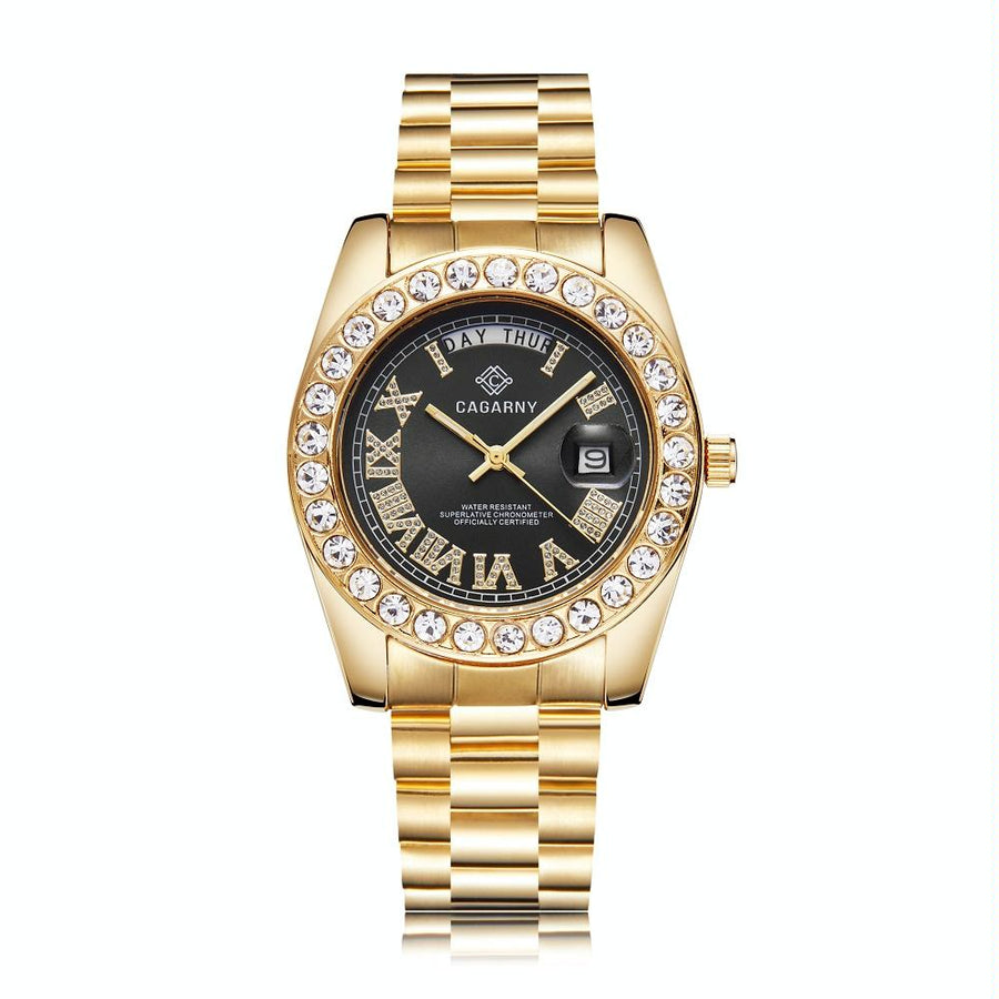 Men Quartz Watch with Diamond-encrusted Roman Numeral Dial - Gold Shell Black Dial