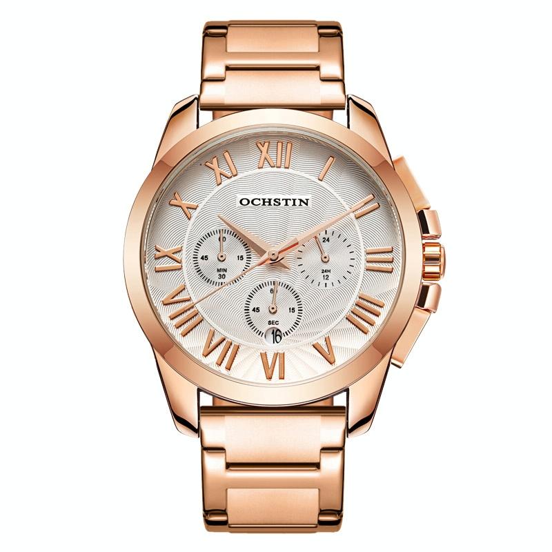 Waterproof Multifunctional Men Watch with Steel Strap - Rose Gold + White