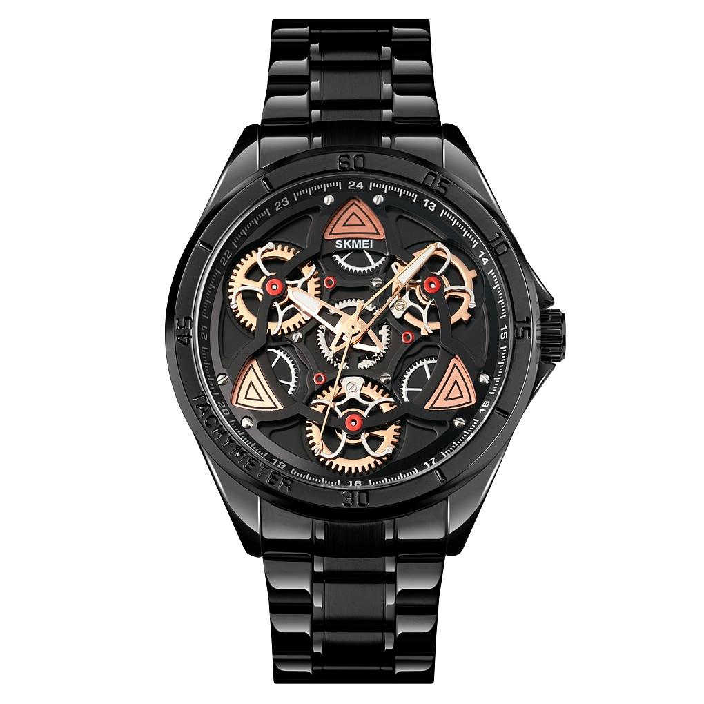 Waterproof Men Quartz Watch with Rotatable Gear Dial - Black Shell Black Surface