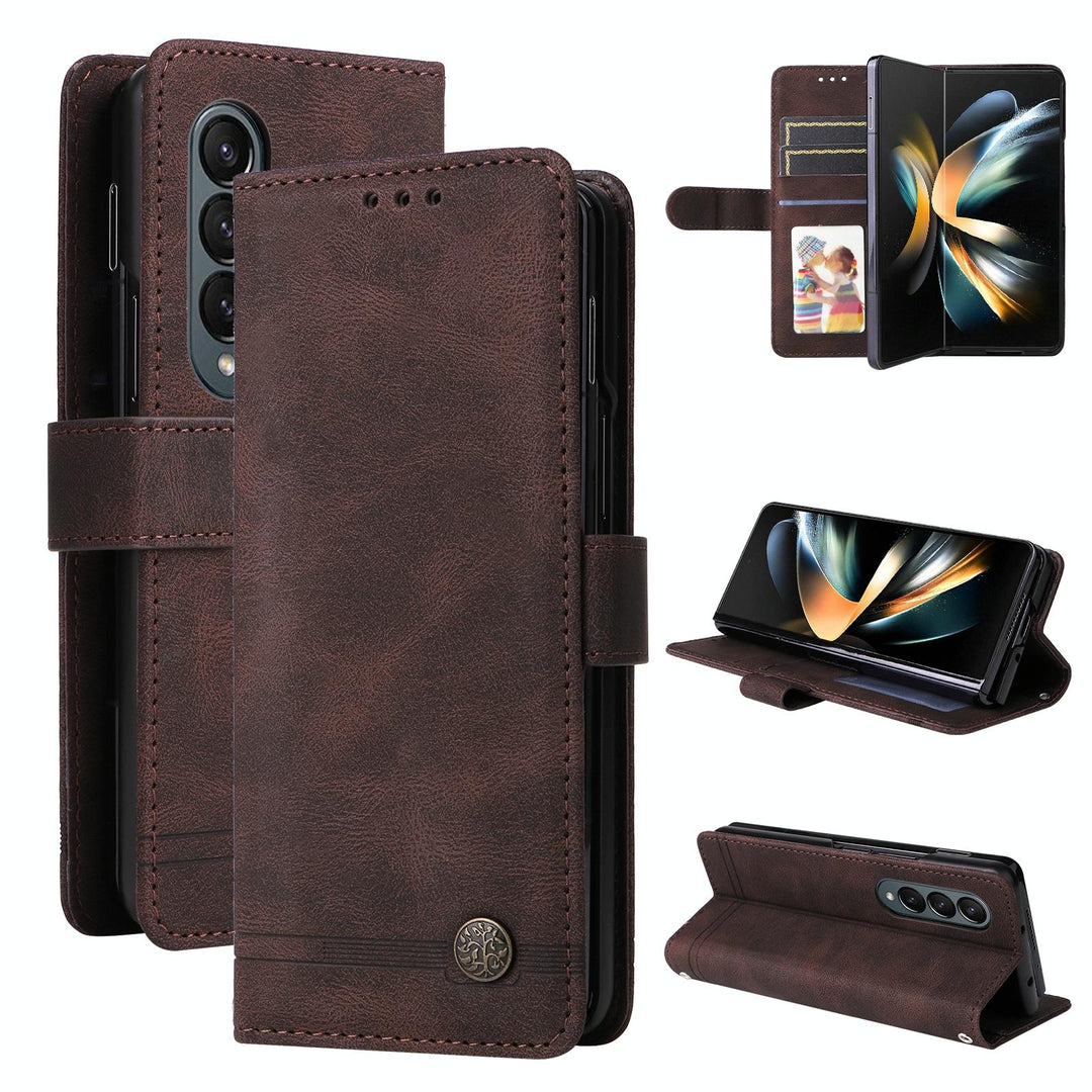 For Samsung Galaxy Z Fold4 5G Metal Button Leather Case - Tree Design - Brown