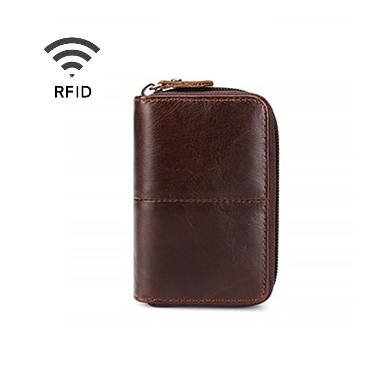 Leather Rfid Zipper Card Holder with Change Pocket - Coffee