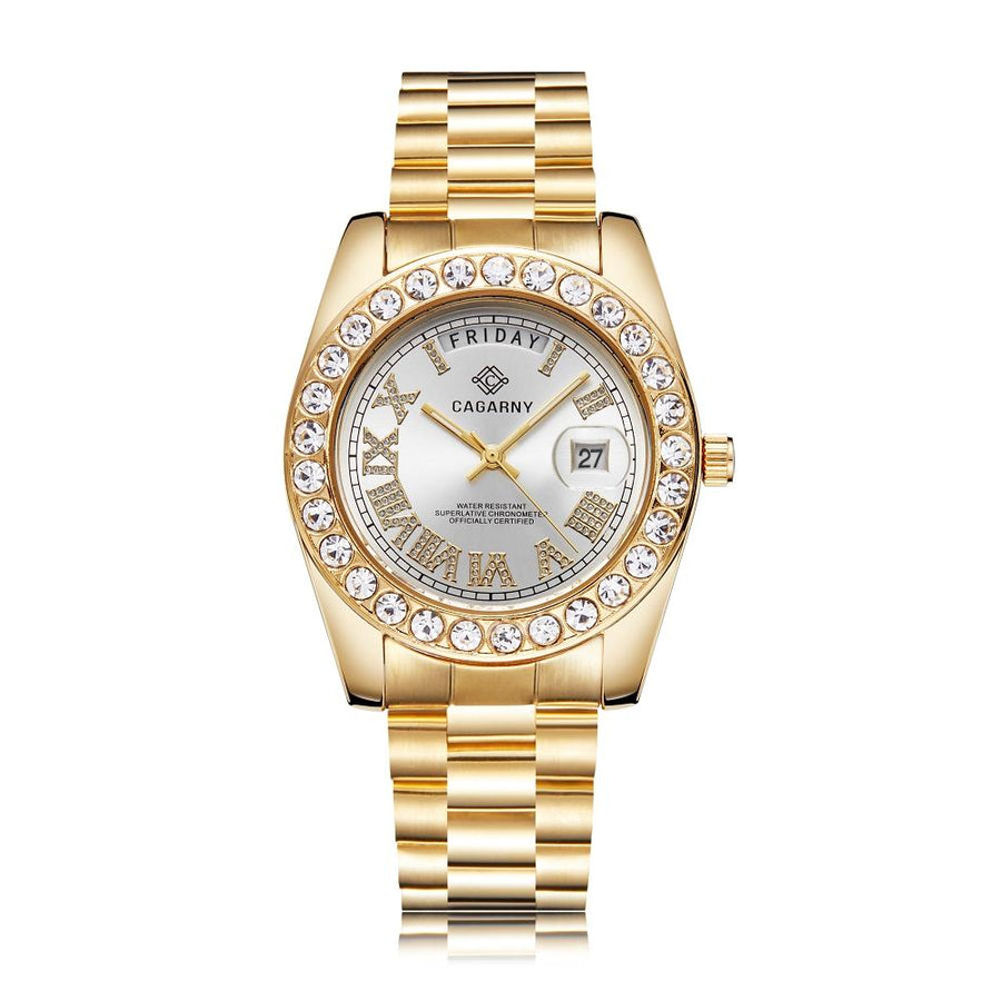 Men Quartz Watch with Diamond-encrusted Roman Numeral Dial - Gold Shell White Dial