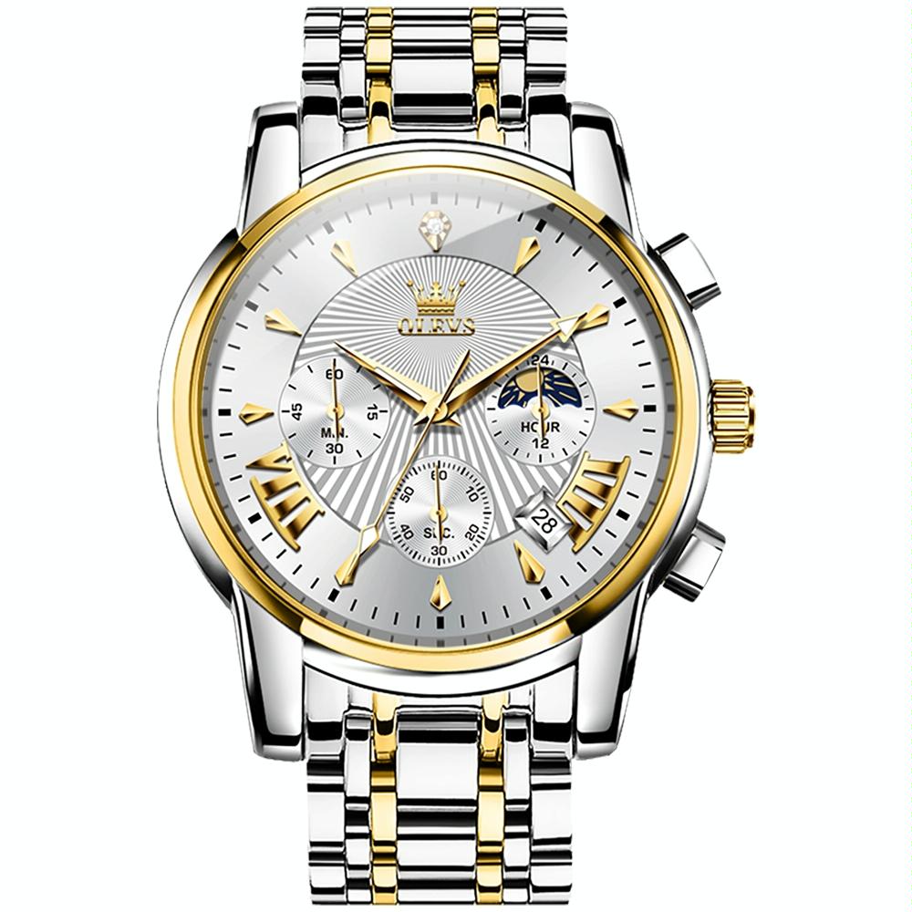 Waterproof Men Quartz Watch - Multifunctional Business Design - White + Gold