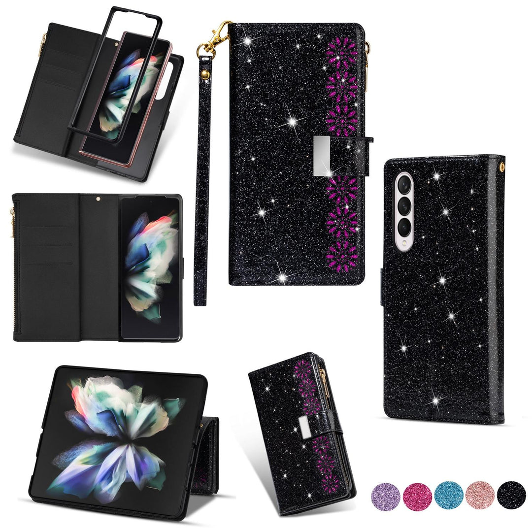 For Samsung Galaxy Z Fold4 5G Sparkling Leather Zip Case - Zipper Closure - Black