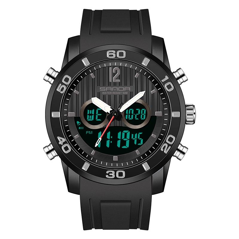 Men Outdoor Sports Shockproof Electronic Watch with Dual Digital Display and Luminous Feature - Full Black