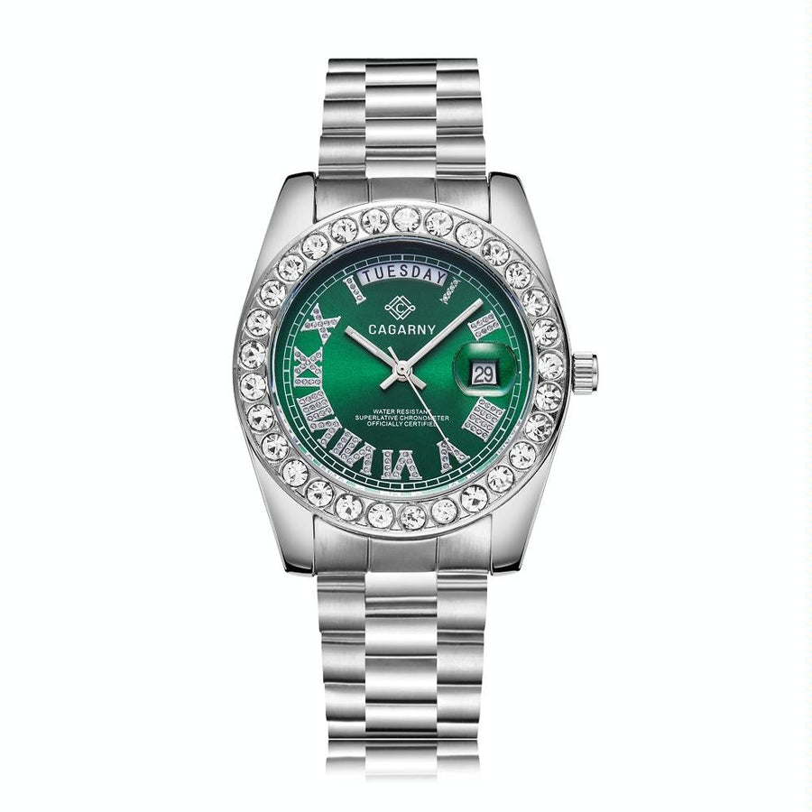 Men Quartz Watch with Diamond-encrusted Roman Numeral Dial - Silver Shell Green Dial