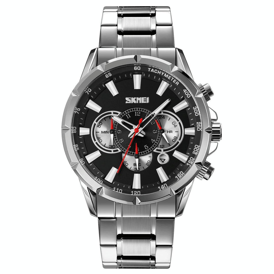 Stainless Steel Men Quartz Watch with Calendar - 9241 - Silver Black