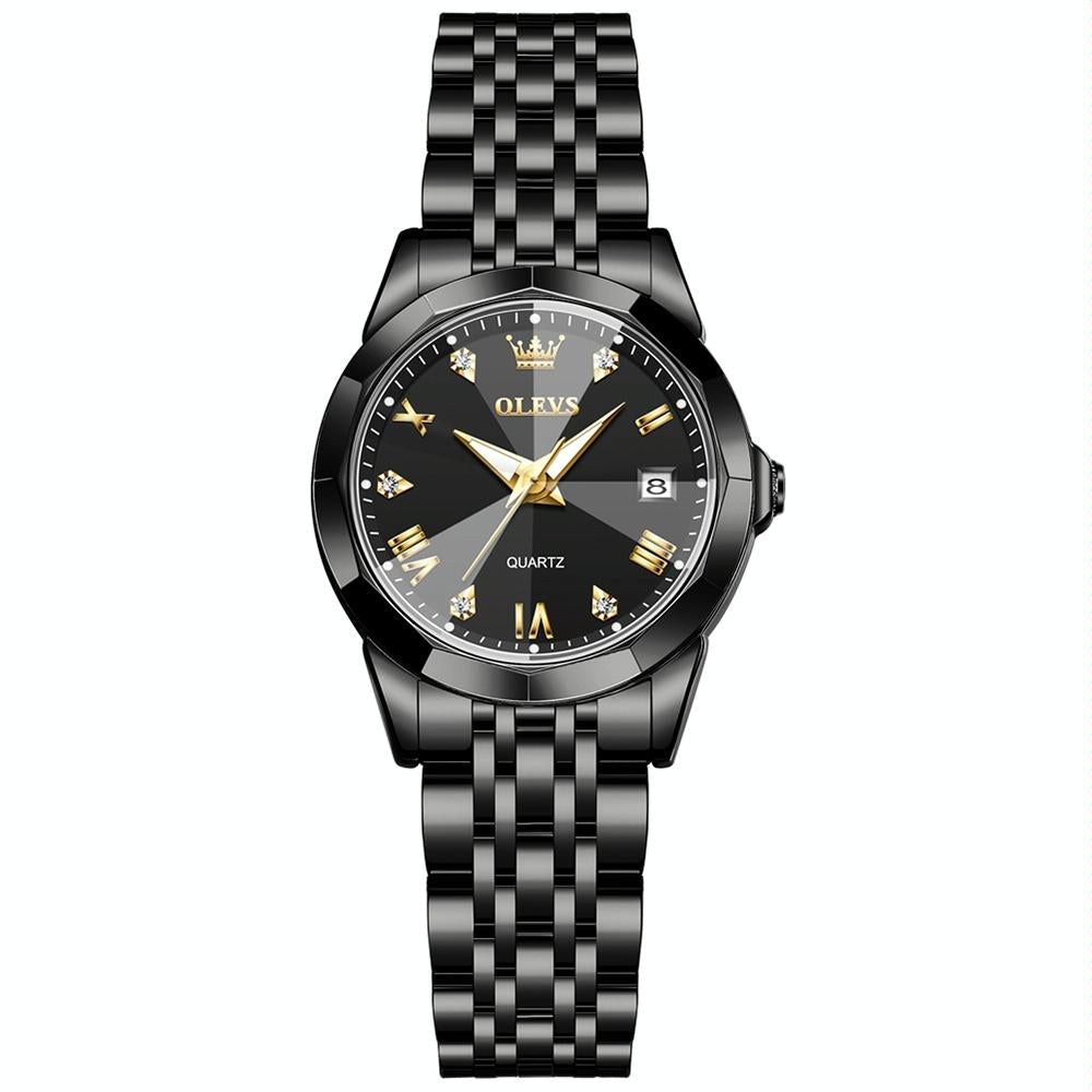 Waterproof Quartz Watch with Butterfly Buckle for Women - Black