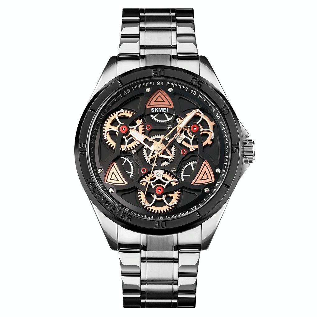 Waterproof Men Quartz Watch with Rotatable Gear Dial - Silver Shell Black Surface
