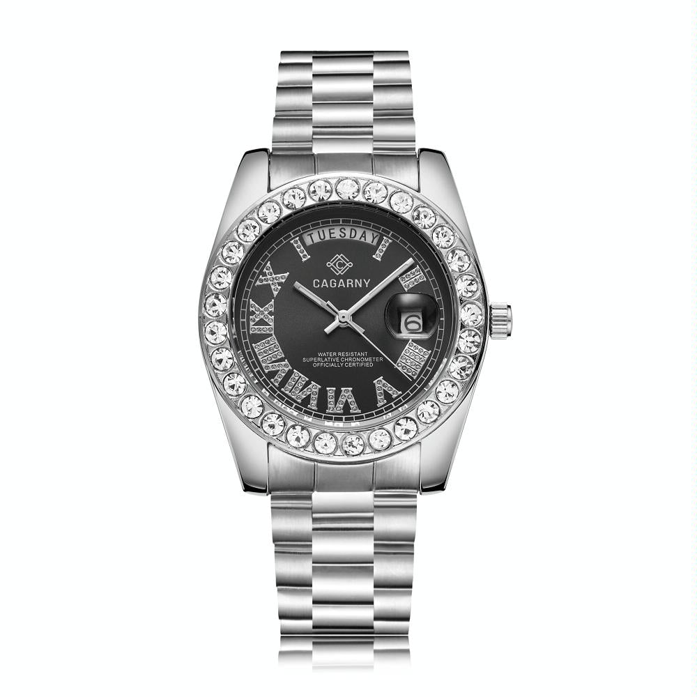 Men Quartz Watch with Diamond-encrusted Roman Numeral Dial - Silver Shell Black Dial
