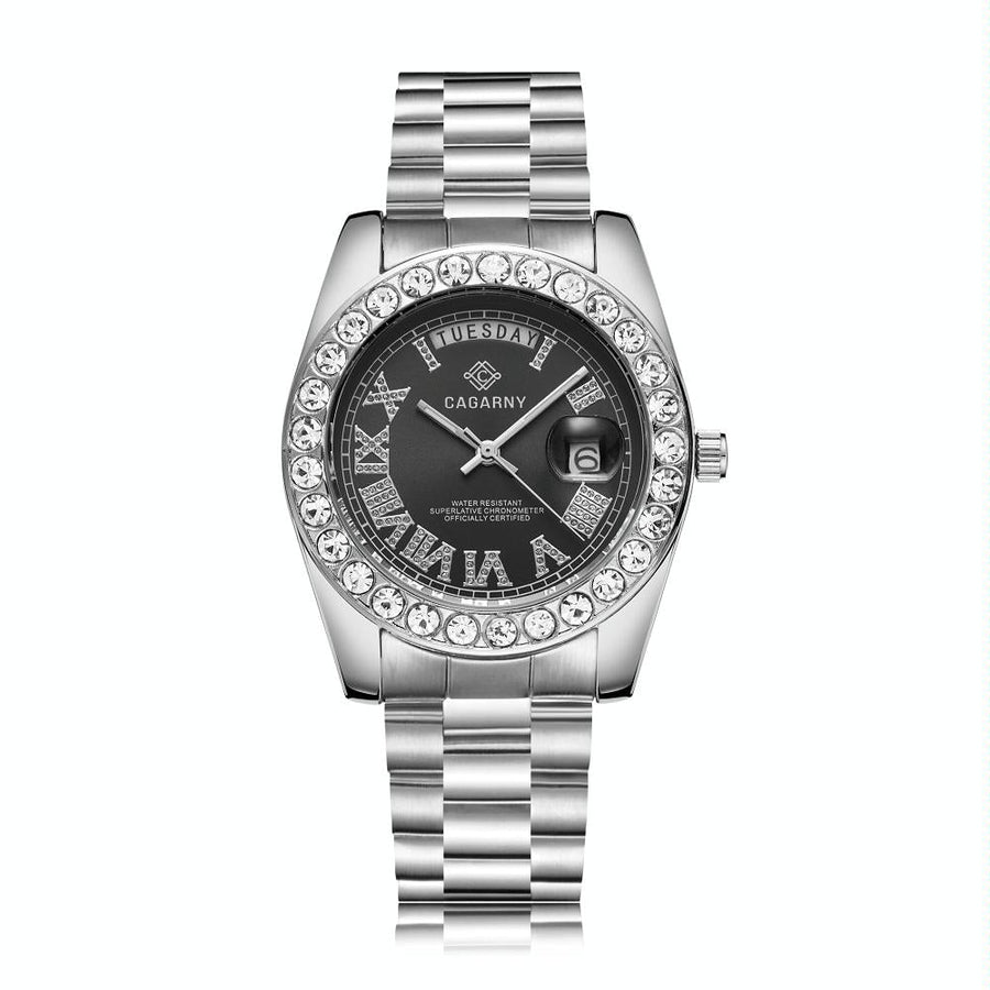 Men Quartz Watch with Diamond-encrusted Roman Numeral Dial - Silver Shell Black Dial
