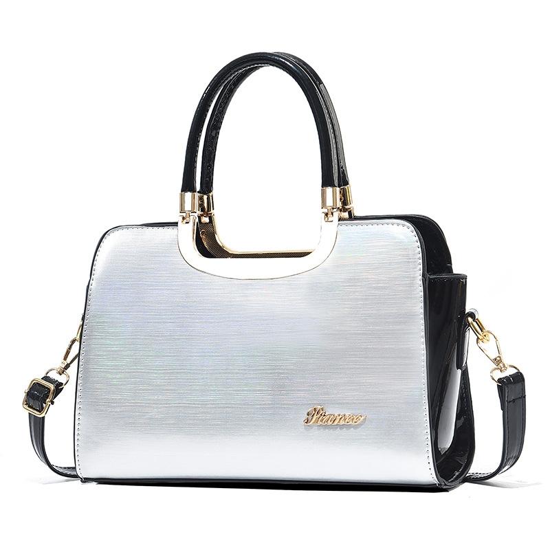 Large Capacity Leather Commuter Handbag - Bright - Silver
