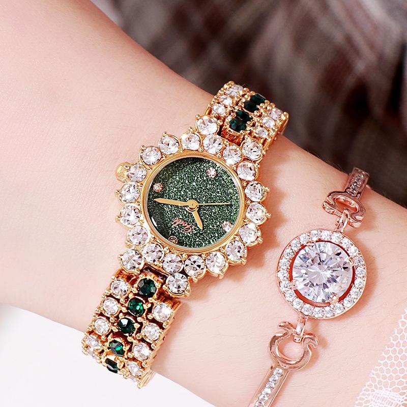 Women Quartz Bracelet Watch with Diamond Accents - Golden Shell Green Plate