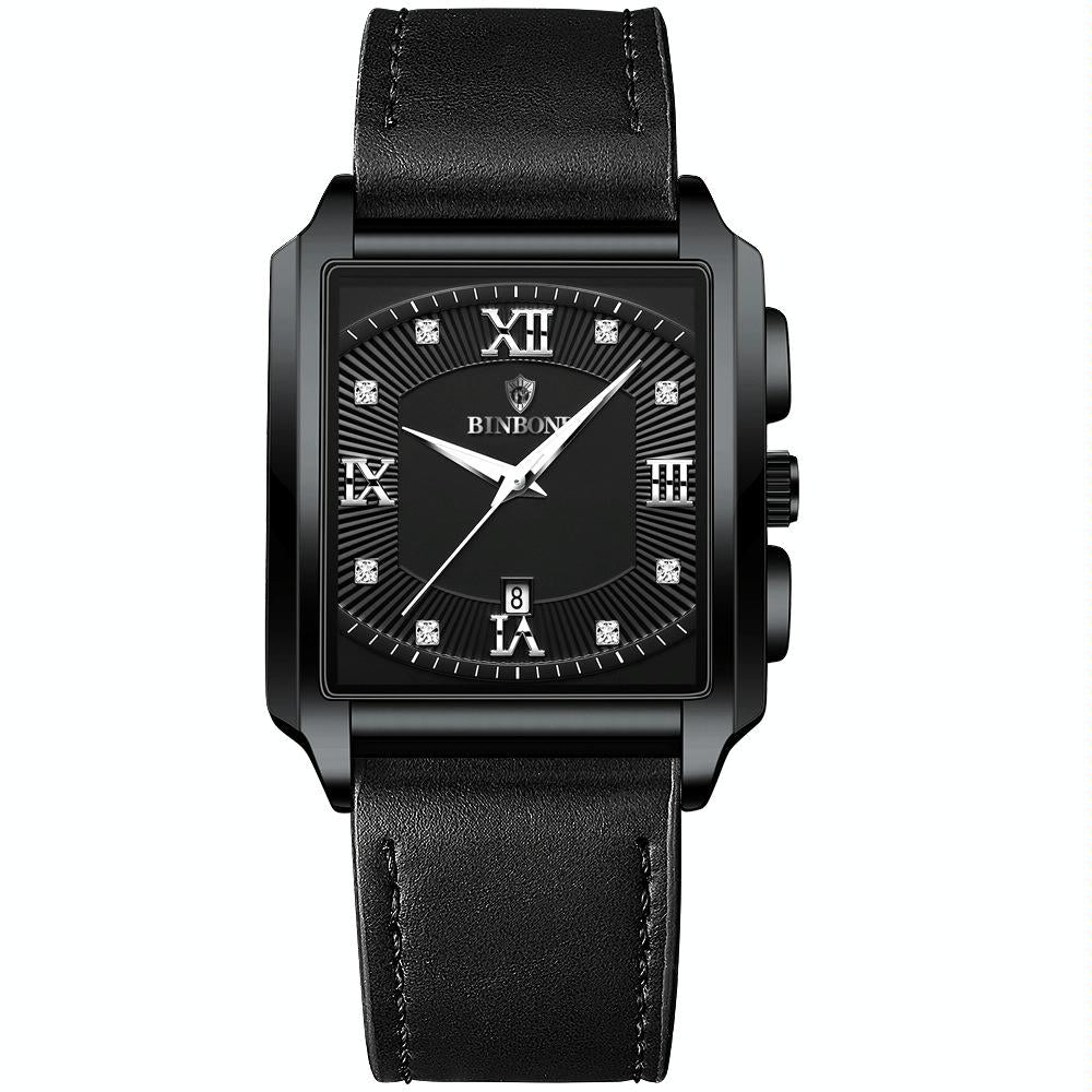 Waterproof Men Quartz Watch - Rectangular Outdoor Design - Black Leather-Black Steel-White