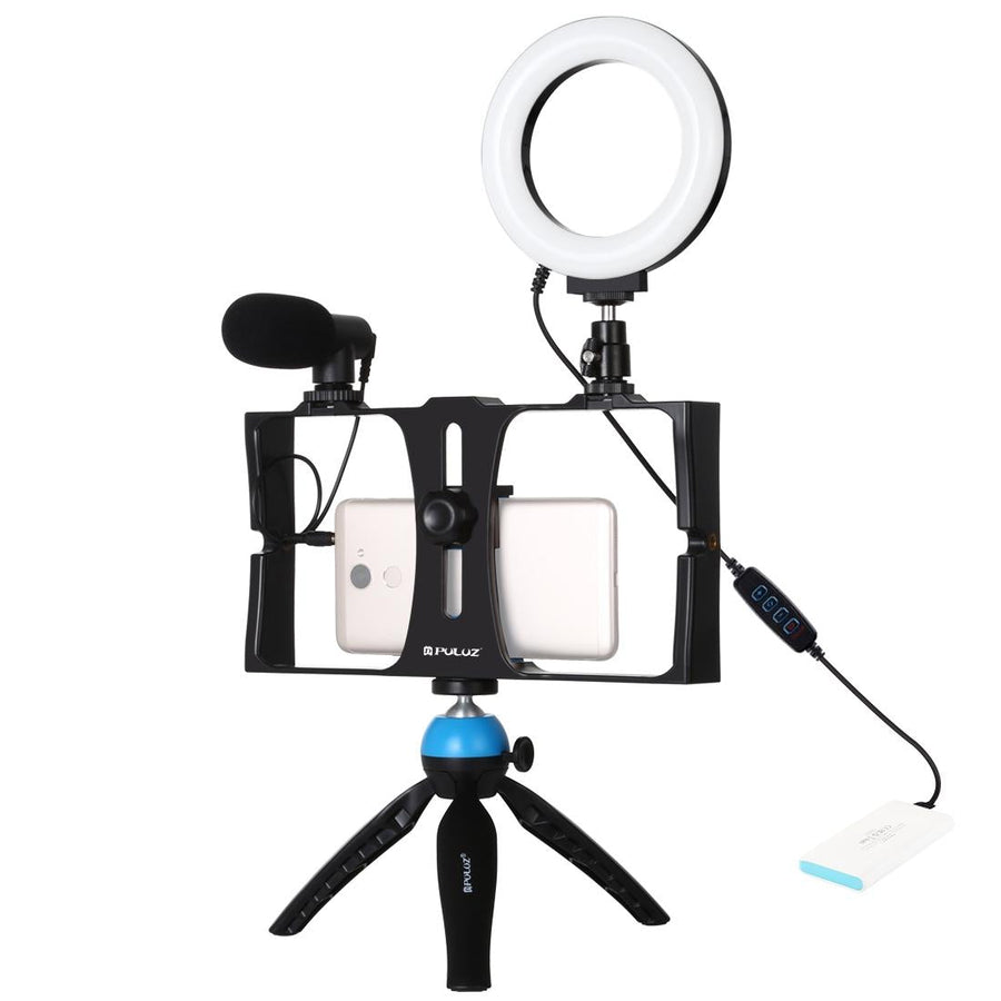 Vlogging Live Broadcast Smartphone Video Rig With Led Selfie Light Microphone Tripod Mount And Cold Shoe Head - Blue - P