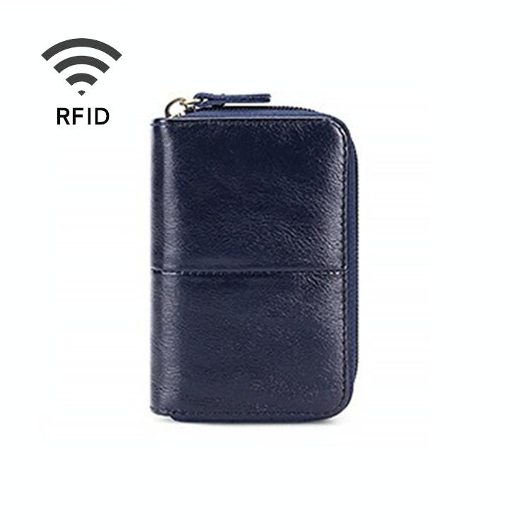 Leather Rfid Zipper Card Holder with Change Pocket - Blue